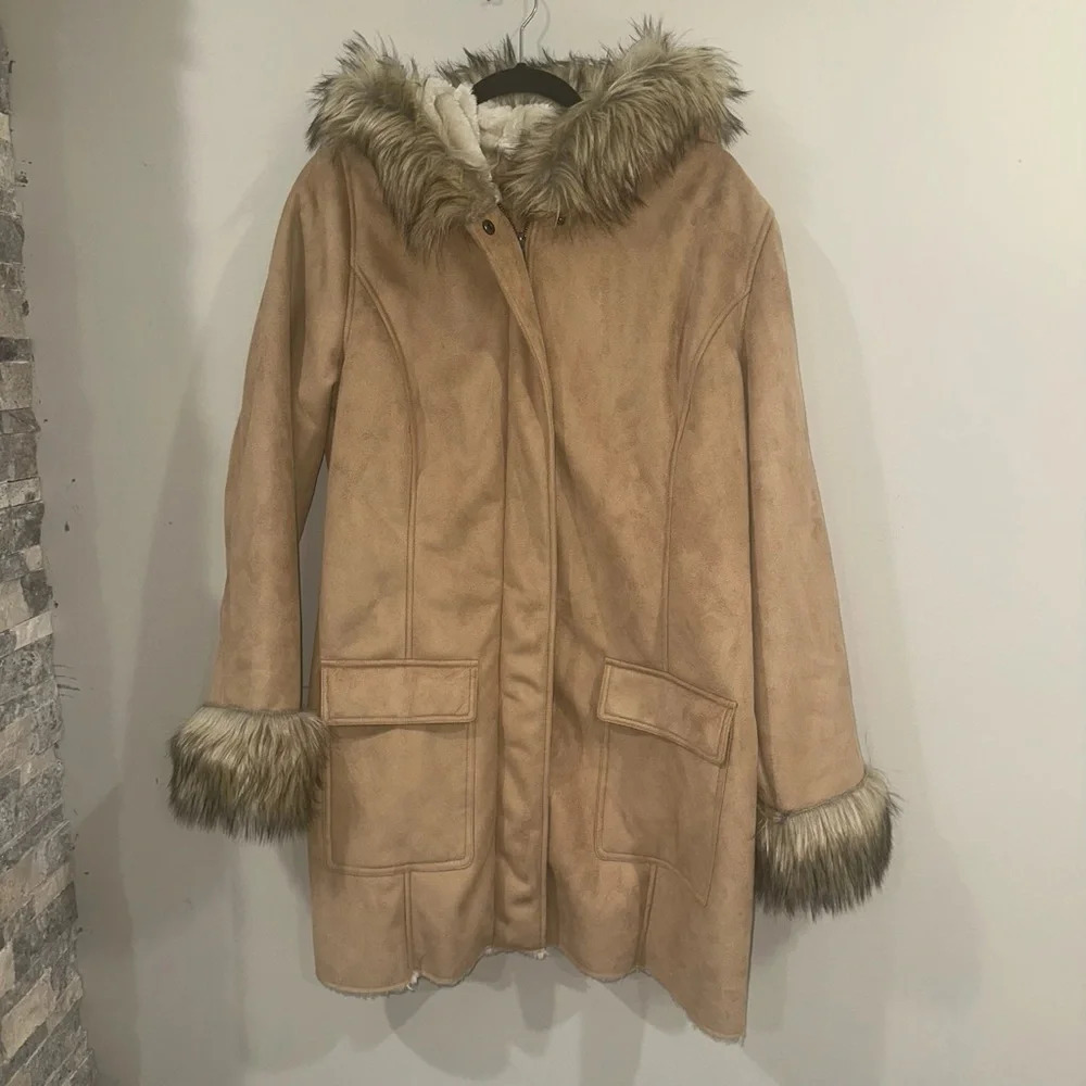 Vintage KC Collections Women’s XL Beige Faux Fur Hooded Jacket Coat‎